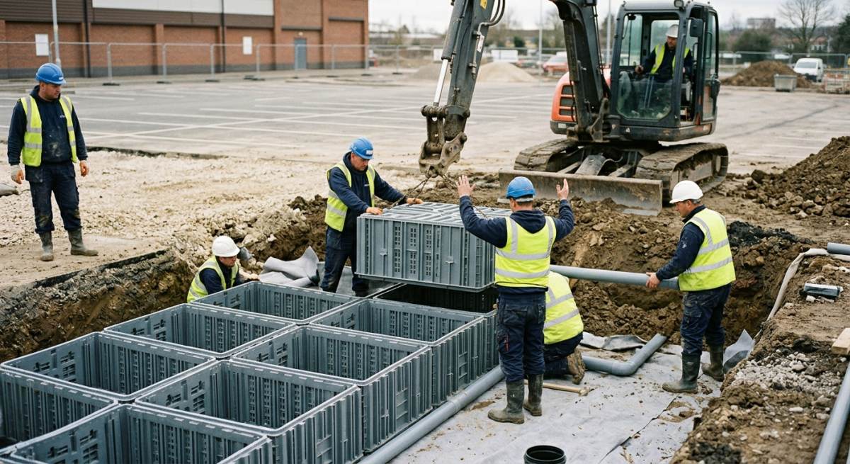 Precision assembly of high-load interlocking attenuation units engineered to withstand heavy vehicular traffic overhead.