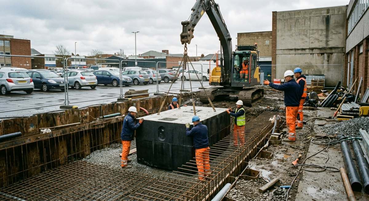 Heavy machinery and site crews install subsurface attenuation storage beneath a commercial car park to manage extreme rainfall.